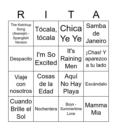 Santa Rita Bingo Musical Bingo Card