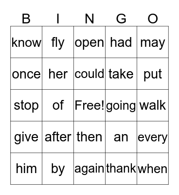 Sight Word Bingo Card