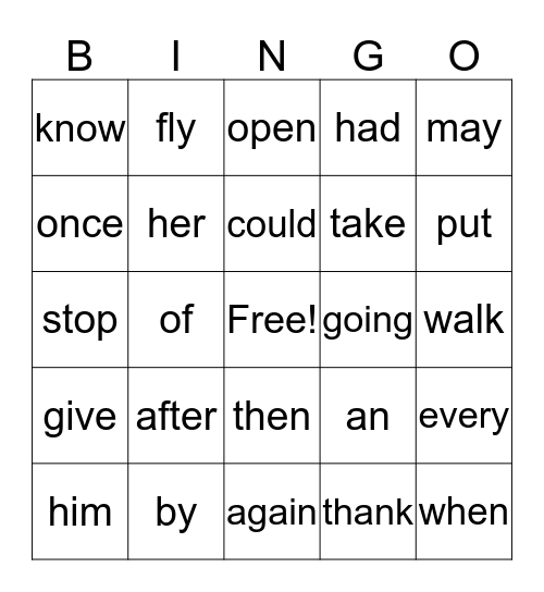 Sight Word Bingo Card