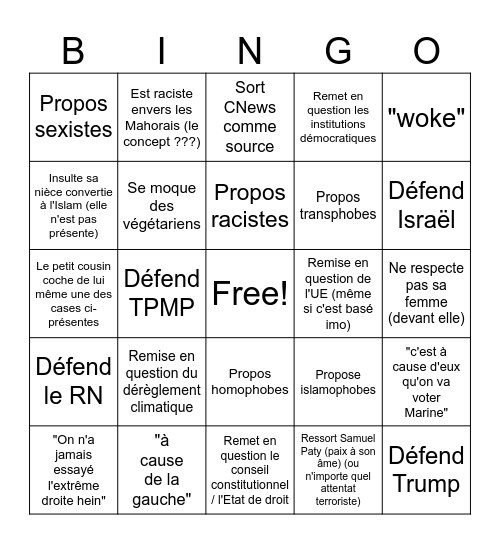 L'oncle raciste à Noël Bingo Card
