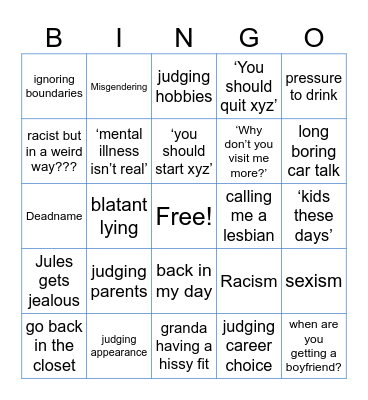 Family Dinner Bingo Card