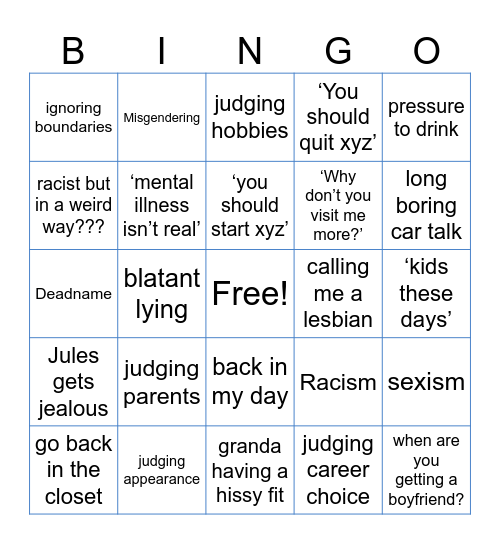 Family Dinner Bingo Card