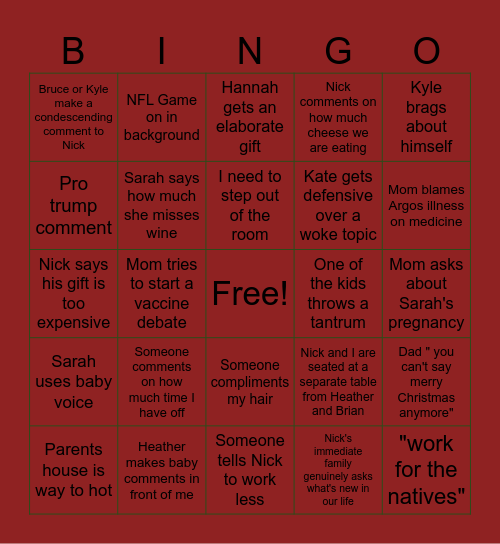 Family Christmas Bingo Card