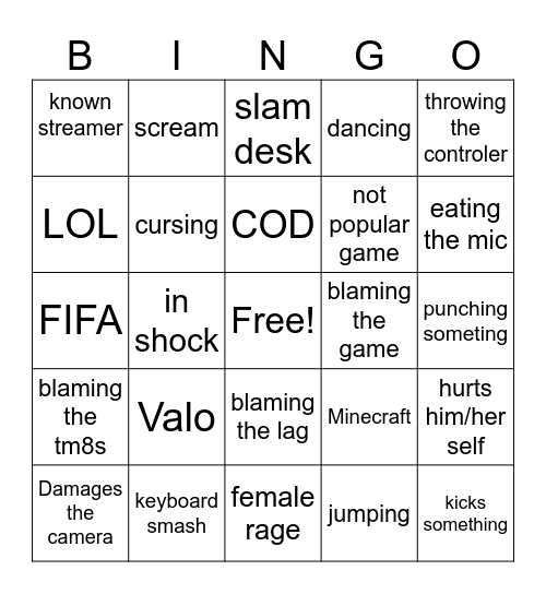 Gamer Rage Bingo Card