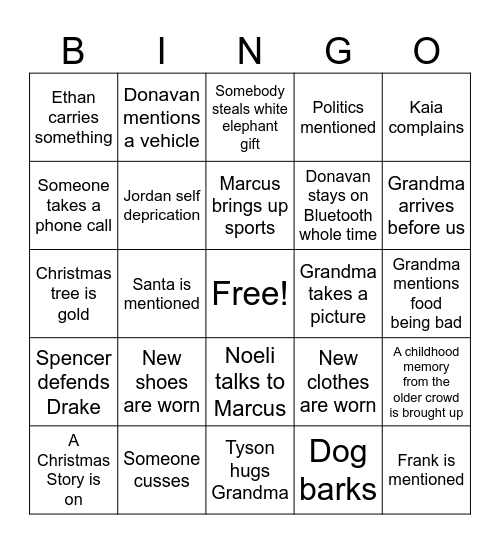 Family Christmas Bingo Card