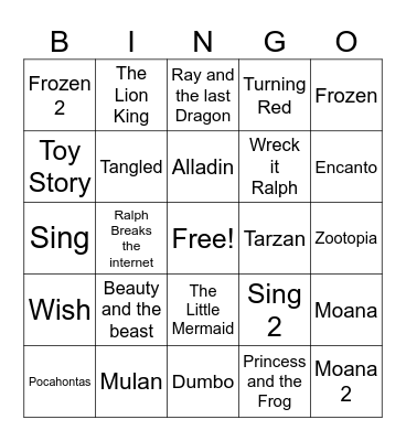 Disney Songs Bingo Card