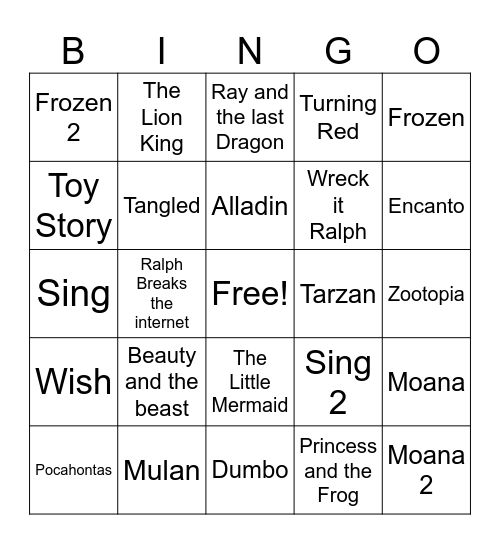 Disney Songs Bingo Card