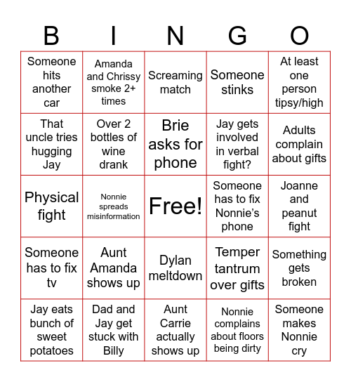 Strack family Bingo Card