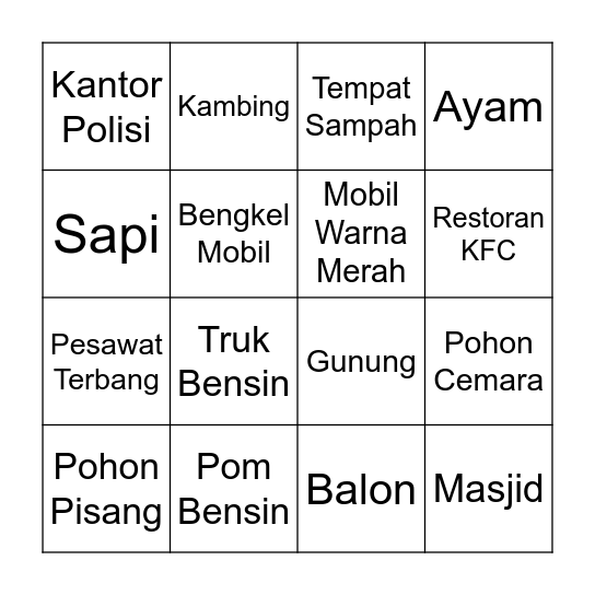 Road Trip  Bingo Card