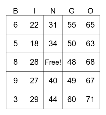 Number Bingo! Bingo Card