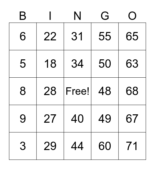 Number Bingo! Bingo Card