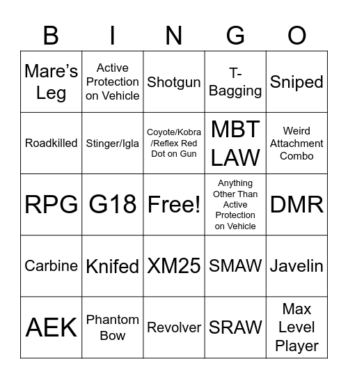 BF4 Death Bingo Card