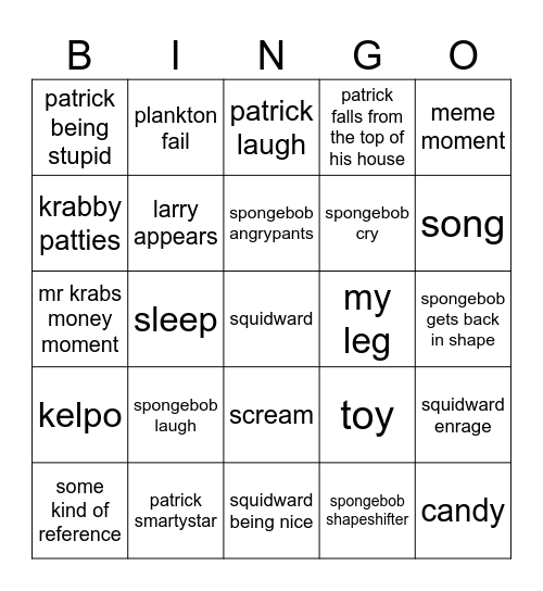 spongebob bingo Card