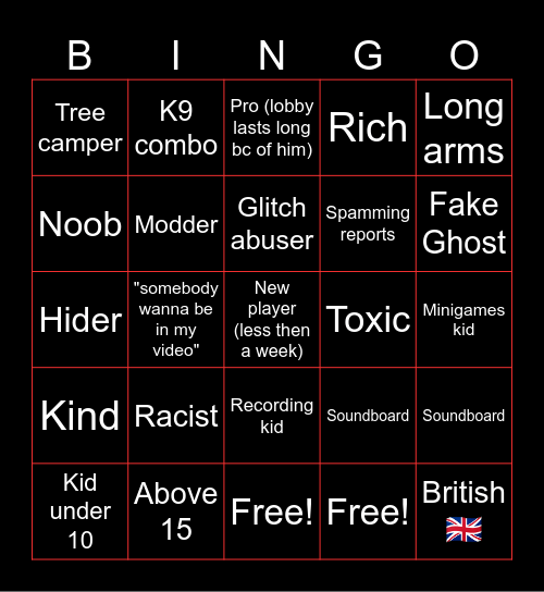 Gorilla Tag Bingo Card