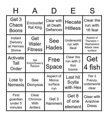 Hades 2 Lockout Bingo Card
