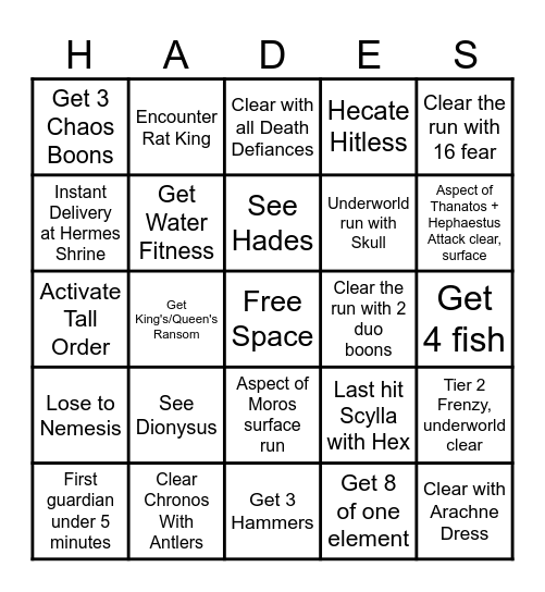 Hades 2 Lockout Bingo Card