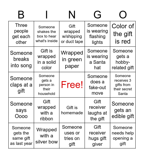 Secret Santa Bingo Card