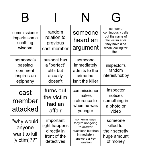 Death In Paradise Bingo Card
