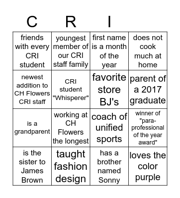 CRI Bingo - Black Out Bingo Card