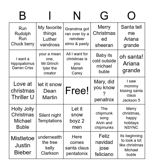 Christmas Song Bingo Card