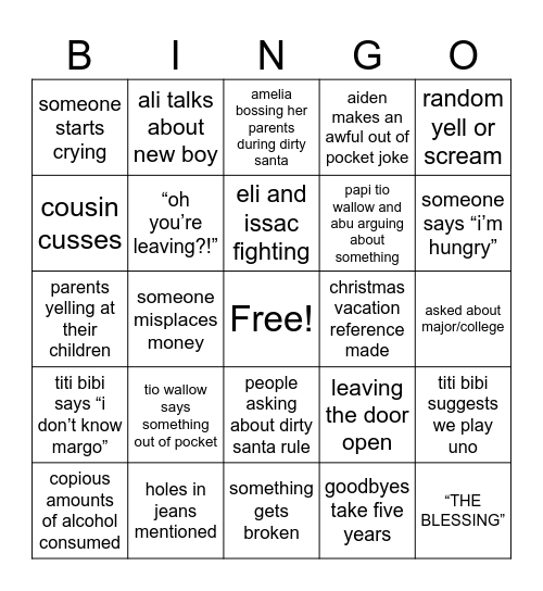 Ortega Family Christmas Bingo Card