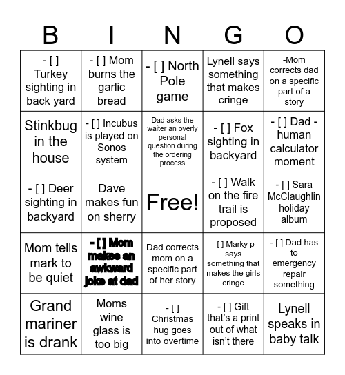 Dugan Christmas 2024 Bingo Card