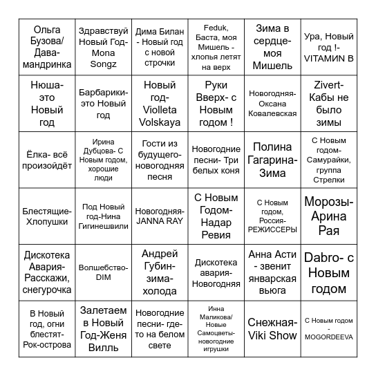 Новогодние бинго Bingo Card