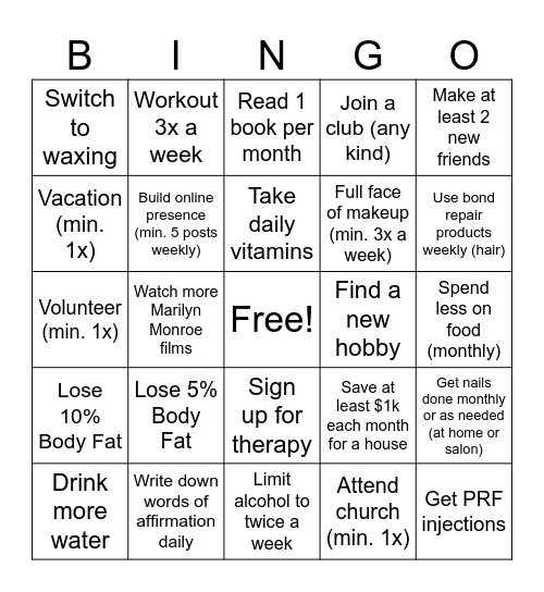 2025 New Year's Resolutions Bingo Card