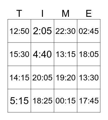 24 Hour Time BINGO! Bingo Card