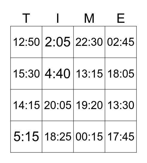 24 Hour Time BINGO! Bingo Card