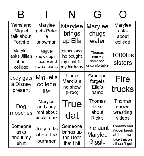 Peter’s Family bingo Card