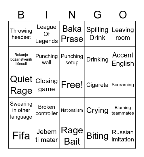 Balkan Rage Bingo Card