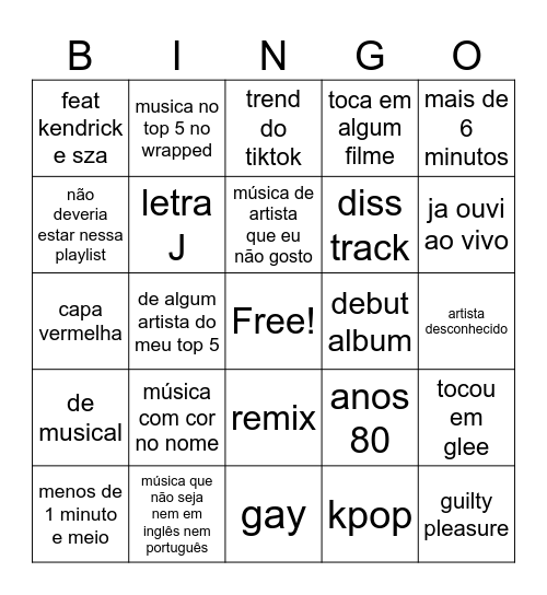 BINGO SPOTIFY - MÚSICAS CURTIDAS Bingo Card