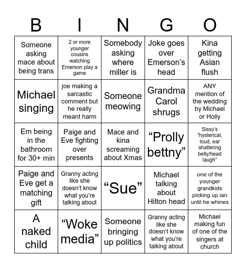 CHREWWD Family Xmas Bingo Card