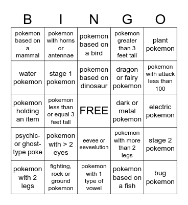 Pokemon Card Bingo Card