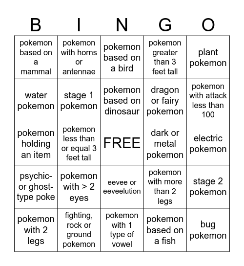 Pokemon Card Bingo Card