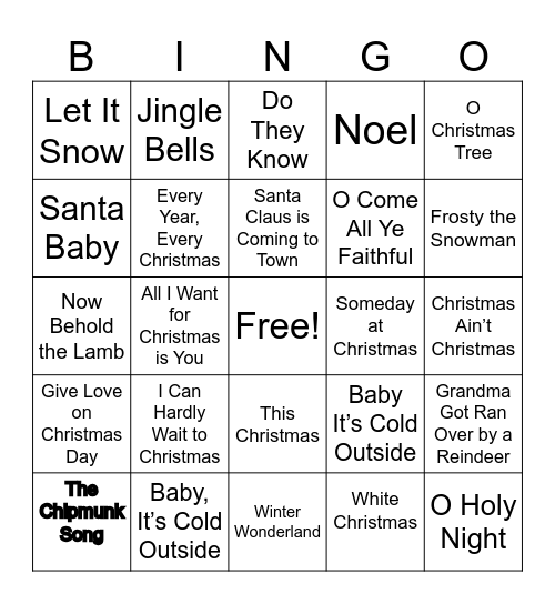 Christmas Song Bingo Card