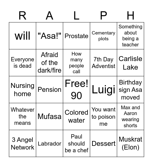 Ralph Christmas Bingo Card