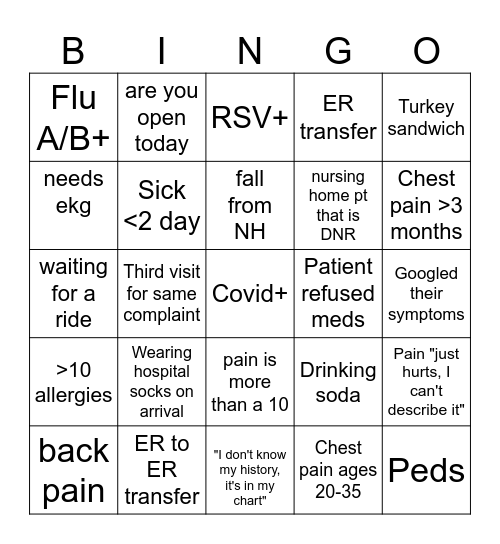 ER Bingo Card