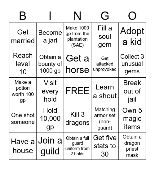 Skyrim Bingo Card