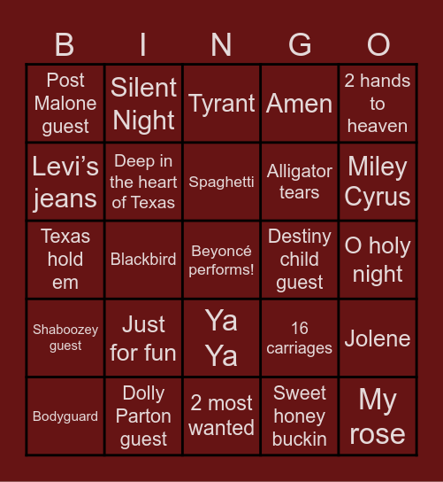 Cowboy Carter Christmas Bingo Card