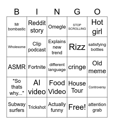 Youtube Shorts Bingo Card