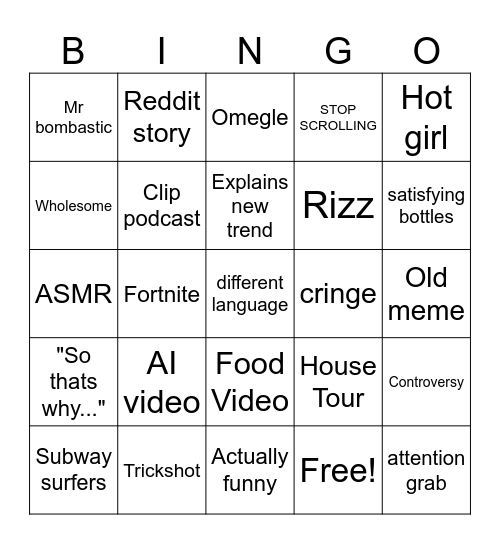 Youtube Shorts Bingo Card