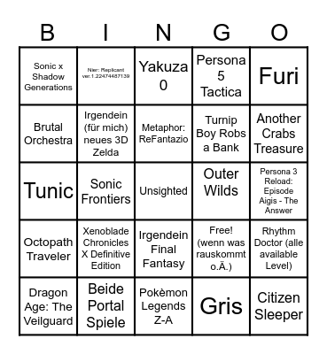 Gaming Bingo 2025 Bingo Card