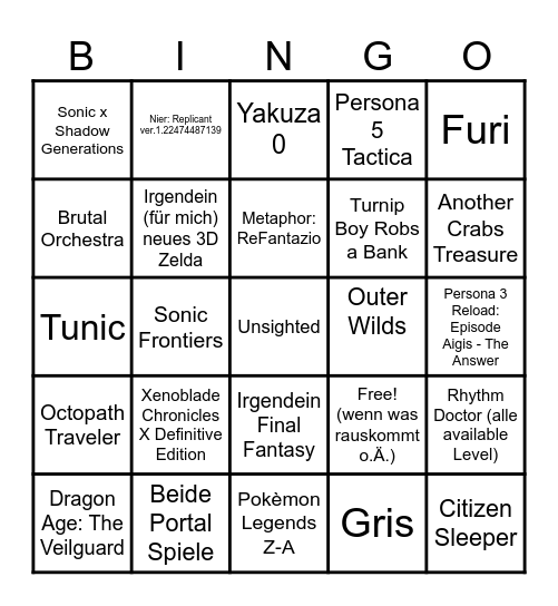 Gaming Bingo 2025 Bingo Card