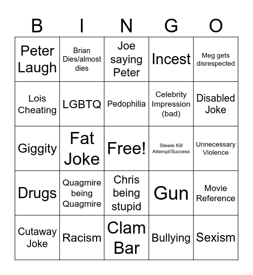 Family Guy Holiday Bingo Card