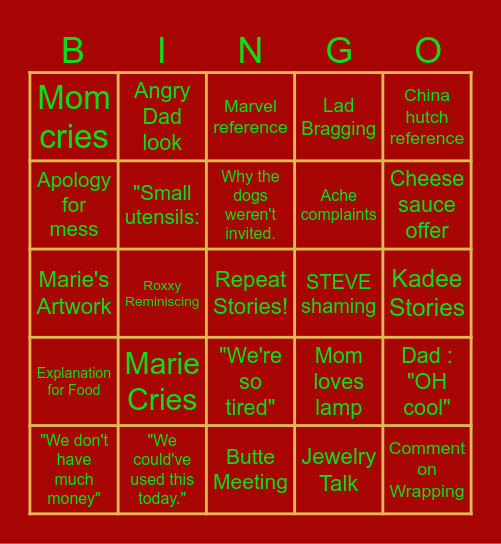 Stoner Family Christmas Bingo Card