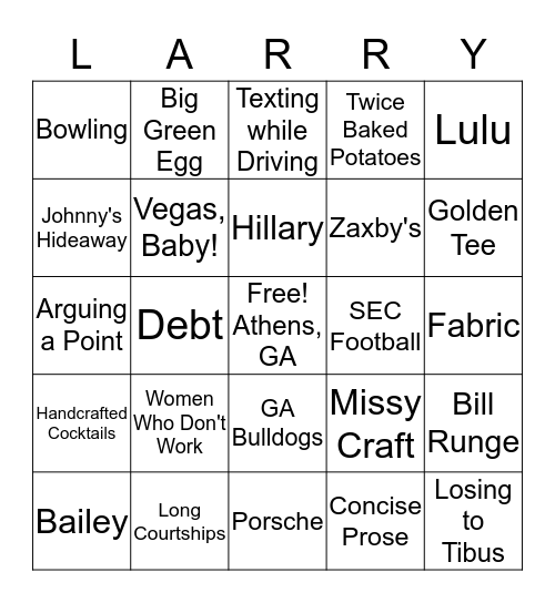 Larry Tate Bingo Card