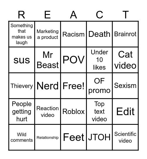 Youtube Reaction Bingo Card