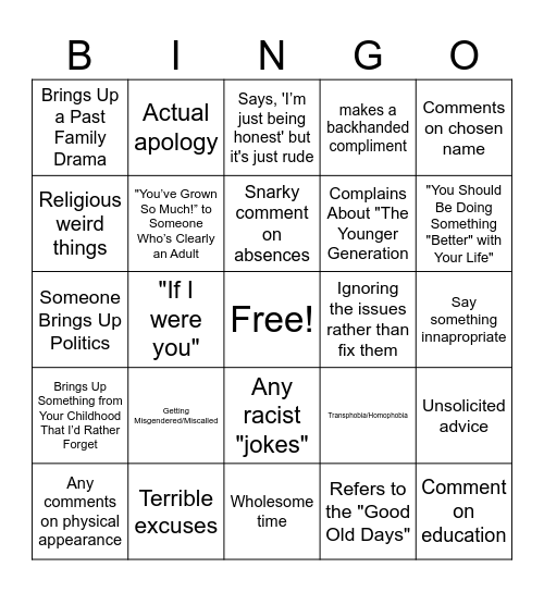 Terrible family time bingo Card